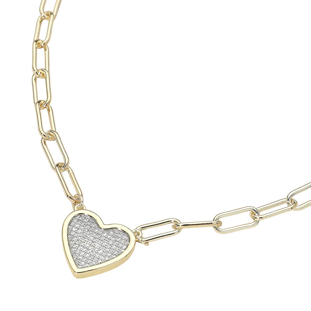 14K Gold Plated CZ  Paved Heart Paperclip Chain Necklace M H W ACCESSORIES LLC 14K Gold Plated CZ  Paved Heart Paperclip Chain Necklace