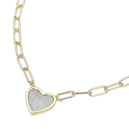 14K Gold Plated CZ  Paved Heart Paperclip Chain Necklace M H W ACCESSORIES LLC 14K Gold Plated CZ  Paved Heart Paperclip Chain Necklace
