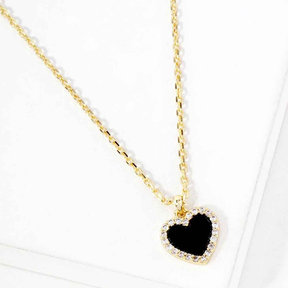 Gold Dipped CZ Black Paved Rim Heart Pendant Necklace