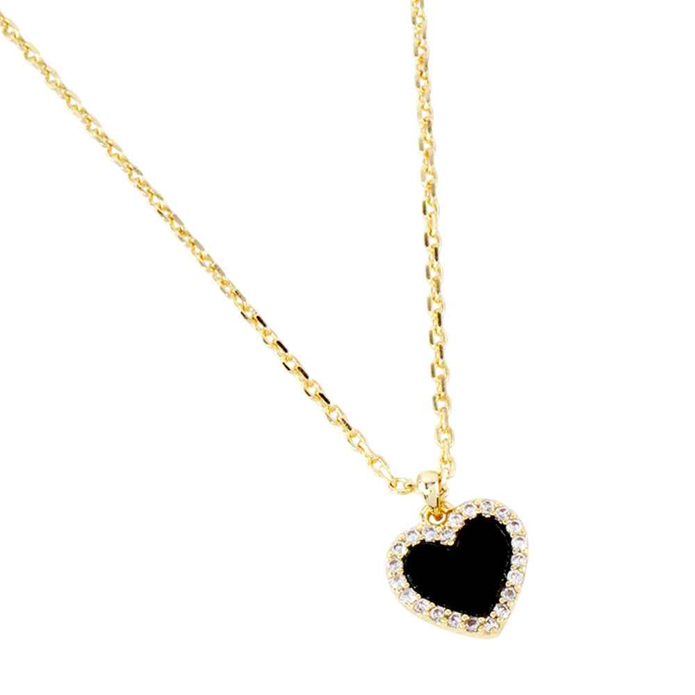Gold Dipped CZ Black Paved Rim Heart Pendant Necklace