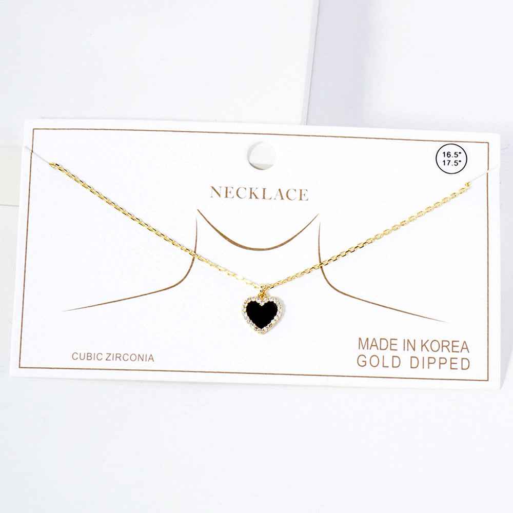 Gold Dipped CZ Black Paved Rim Heart Pendant Necklace
