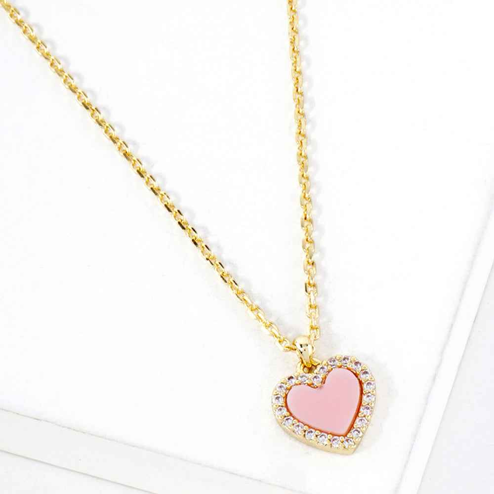 Gold Dipped CZ Pink Paved Rim Heart Pendant Necklace
