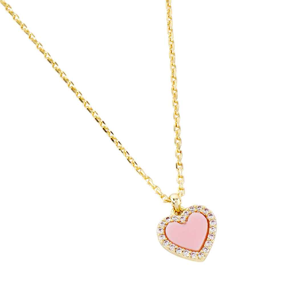 Gold Dipped CZ Pink Paved Rim Heart Pendant Necklace
