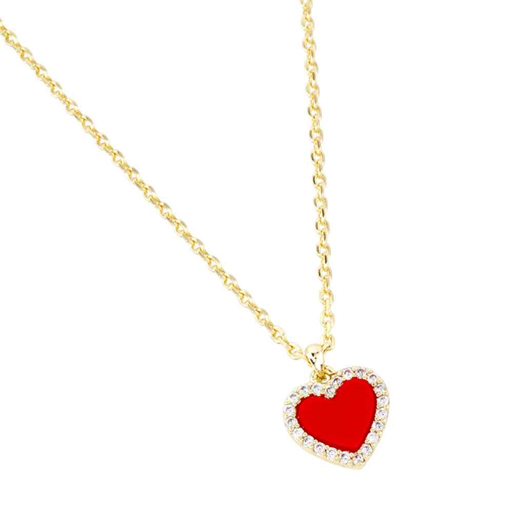 Gold Dipped CZ Rose Paved Rim Heart Pendant Necklace