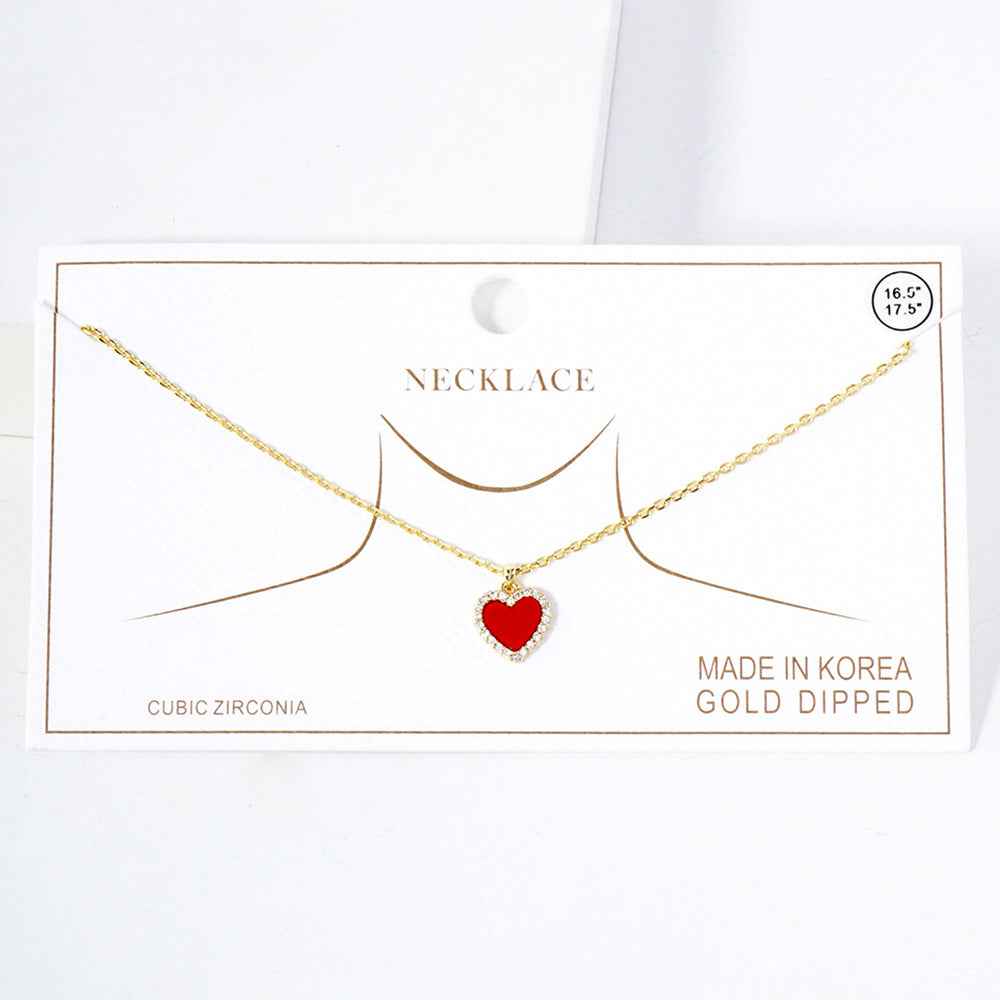 Gold Dipped CZ Rose Paved Rim Heart Pendant Necklace