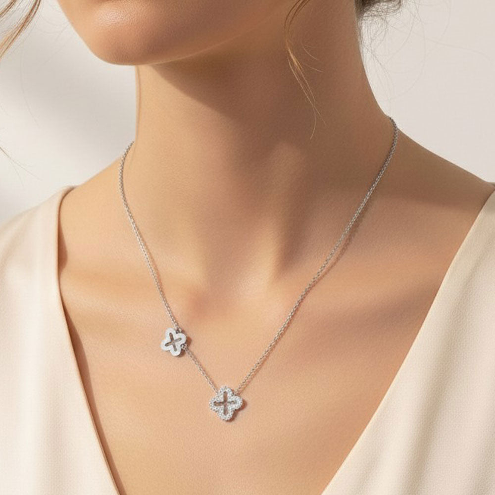 White Gold Dipped CZ Quatrefoil Pendant Necklace