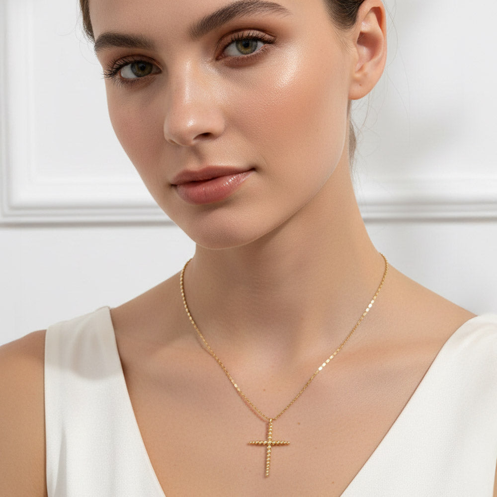 Gold Dipped Dainty Beaded Cross Pendant Necklace M H W ACCESSORIES LLC Gold Dipped Dainty Beaded Cross Pendant Necklace