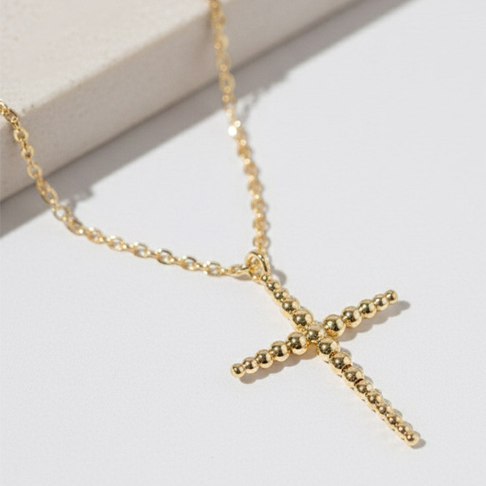 Gold Dipped Dainty Beaded Cross Pendant Necklace M H W ACCESSORIES LLC Gold Dipped Dainty Beaded Cross Pendant Necklace