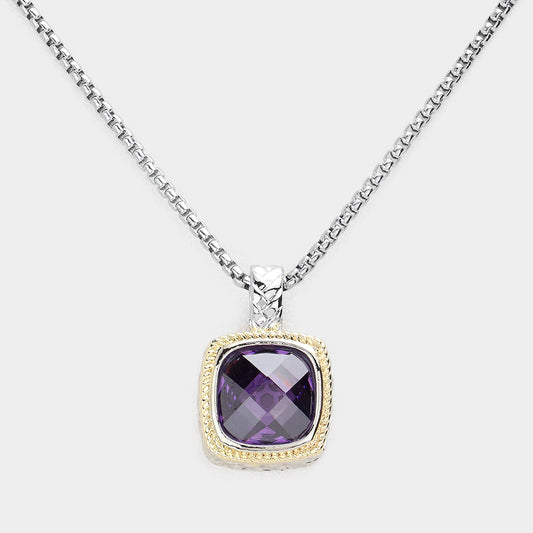 Purple Square Crystal Pendant Necklace- M H W ACCESSORIES - M H W ACCESSORIES LLC