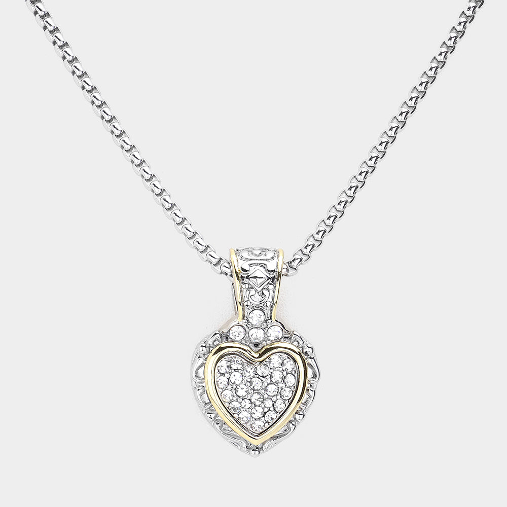 14K Gold Plated Two Tone Stone Paved Heart Pendant Necklace - M H W ACCESSORIES LLC