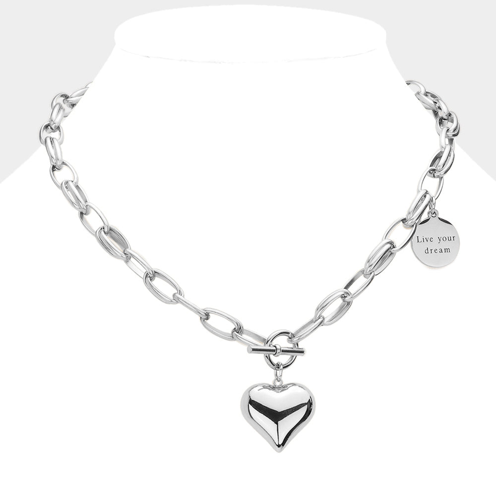 Silver Metal Heart Pendant Live Your Dream Message Charm Chain Toggle Necklace - M H W ACCESSORIES LLC