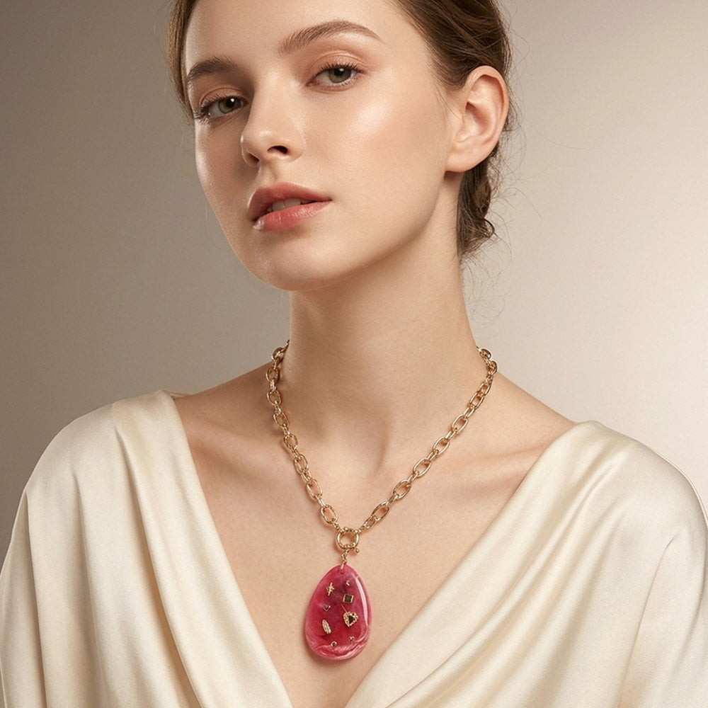 Heart Feather Star Charm Embellished Teardrop Resin Stone Pendant Statement Necklace