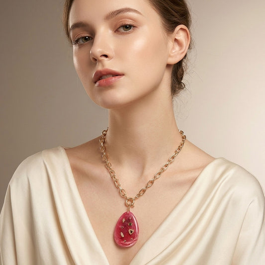 Heart Feather Star Charm Embellished Teardrop Resin Stone Pendant Statement Necklace