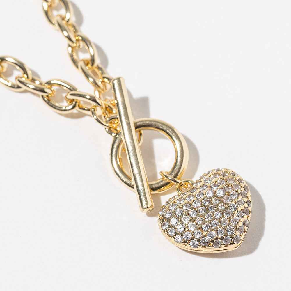 White Gold Dipped Chunky Chain CZ Paved Puff Heart Toggle Pendant Necklace