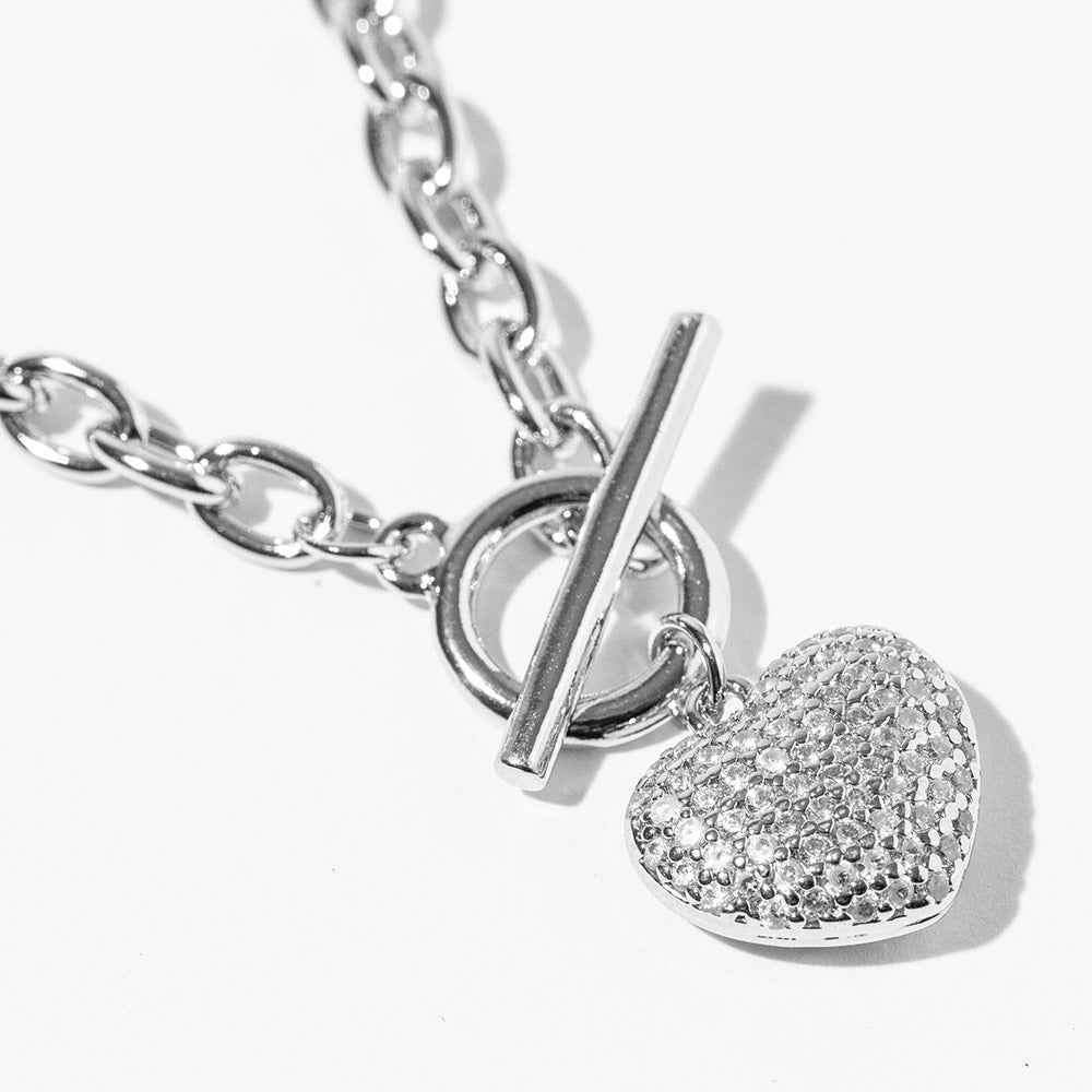 White Gold Dipped Chunky Chain CZ Paved Puff Heart Toggle Pendant Necklace