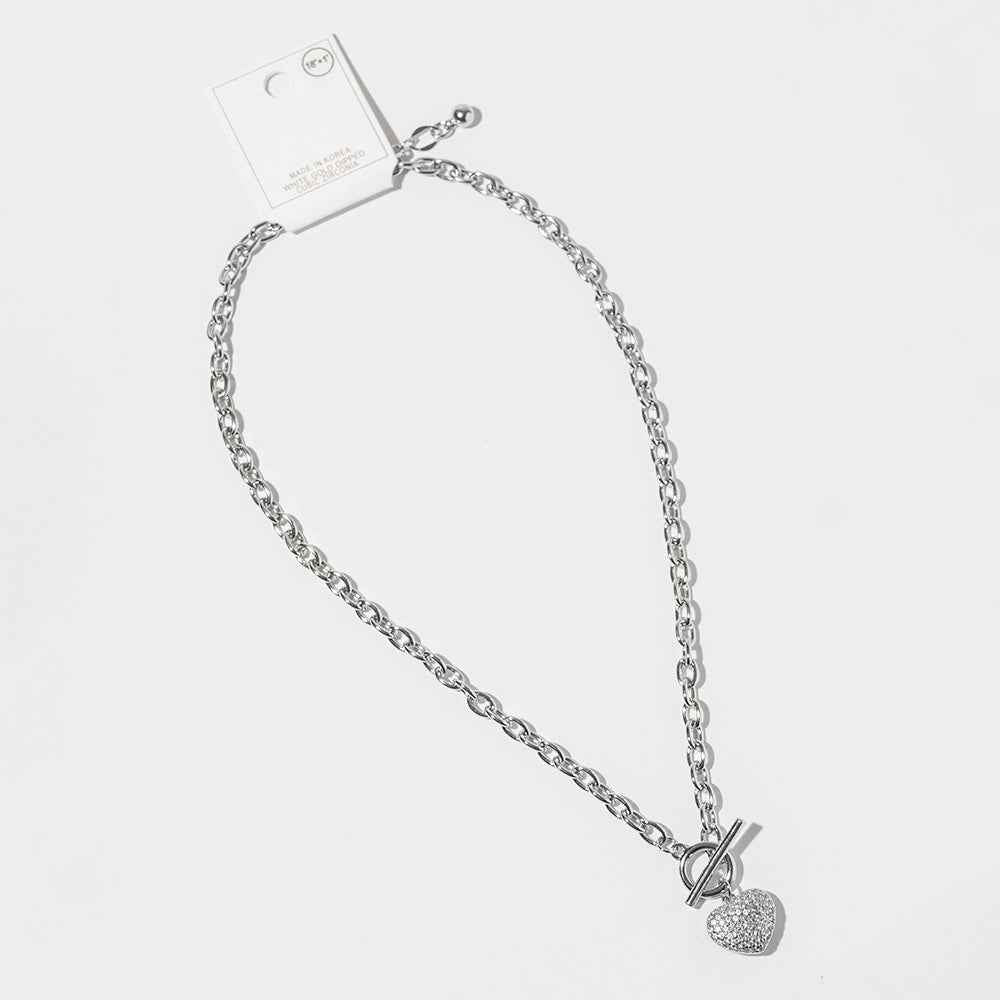 White Gold Dipped Chunky Chain CZ Paved Puff Heart Toggle Pendant Necklace