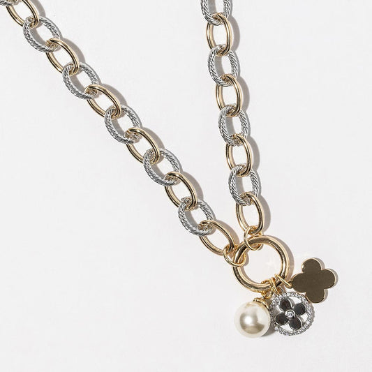 14K Gold Plated CZ Paved Quatrefoil Pearl Metal Heart Pendant Two Tone Chunky Chain Necklace (Copy)