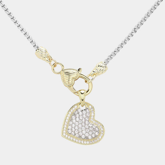 14K Gold Plated Two Tone CZ Paved Heart Pendant Necklace - M H W ACCESSORIES LLC