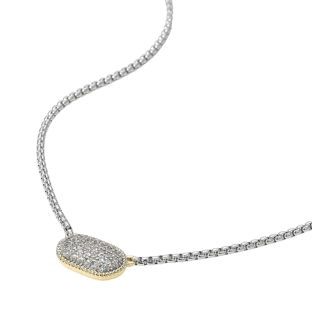 14K Gold Plated CZ Stone Paved Two Tone Pendant Necklace