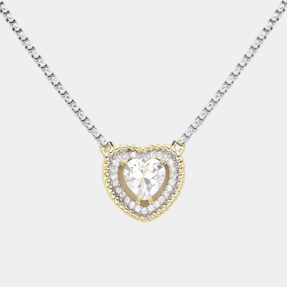 14K Gold Plated Two Tone CZ Heart Pendant Necklace - M H W ACCESSORIES LLC