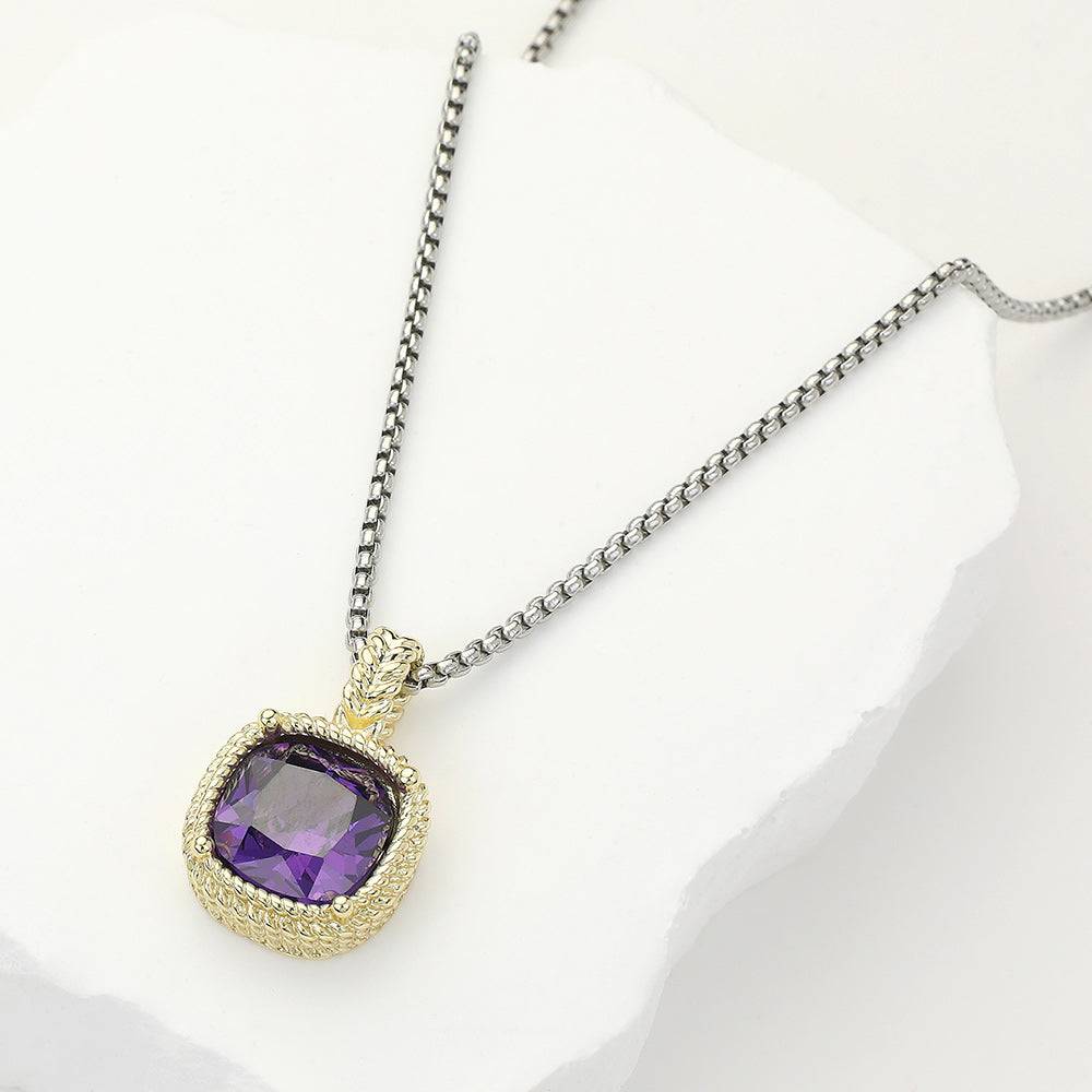 Purple Stone Necklaced Pendant 14K Gold Plated Square CZ Necklace