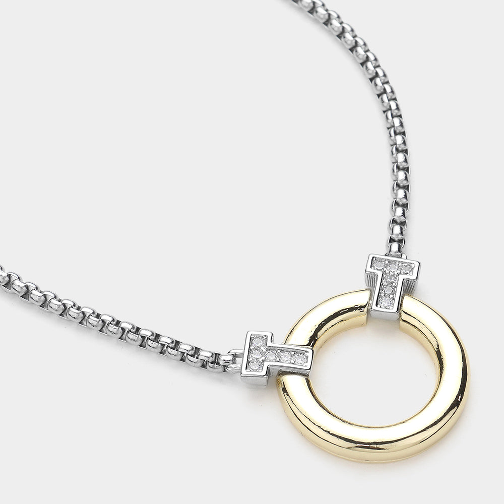 14K Gold Plated Two Tone CZ Stone Paved Pointed Circle Pendant Necklace M H W ACCESSORIES LLC 14K Gold Plated Two Tone CZ Stone Paved Pointed Circle Pendant Necklace