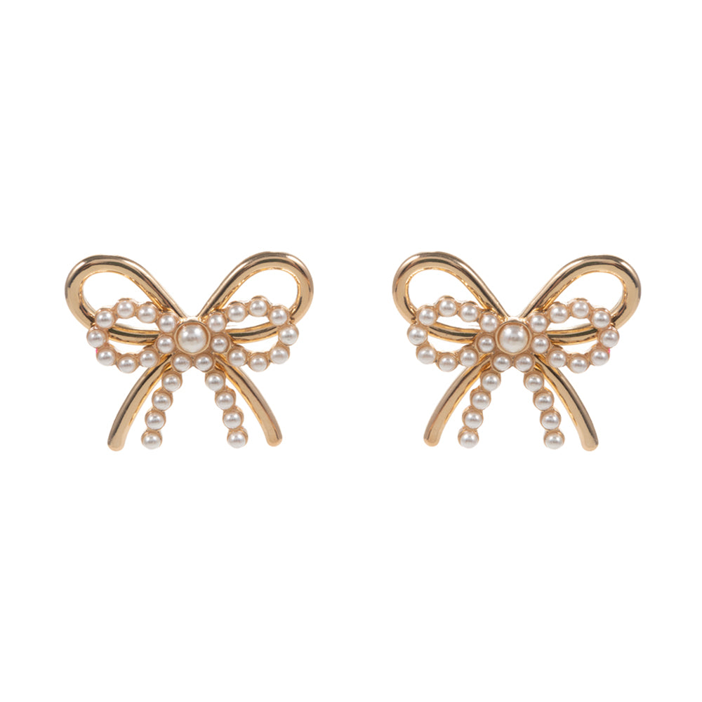 Cream Gold Pearl Metal Bow Earrings - M H W ACCESSORIES LLC