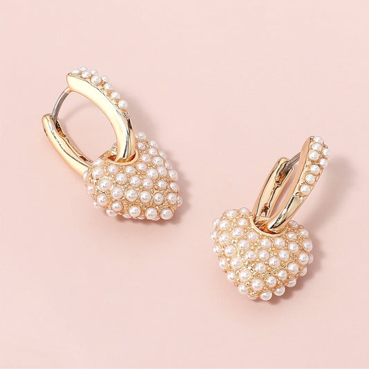 Cream & Gold Pearl Paved Heart Dangle Huggie Mini Hoop Earrings