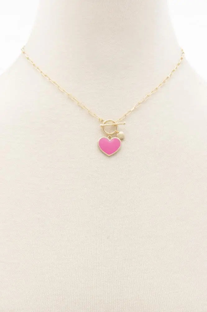 PINK HEART CHARM OVAL LINK NECKLACE- M H W ACCESSORIES - M H W ACCESSORIES LLC