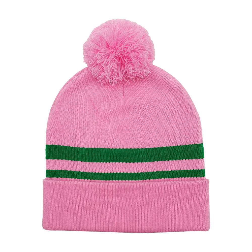 PINK Striped Knit Pom Pom Beanie Hat - M H W ACCESSORIES LLC