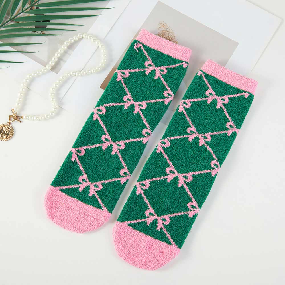 Pink & Green 3Pairs - Cozy Fuzzy Bow Checkered Stripe Pattern Printed Soft Socks Set M H W ACCESSORIES LLC Pink & Green 3Pairs - Cozy Fuzzy Bow Checkered Stripe Pattern Printed Soft Socks Set