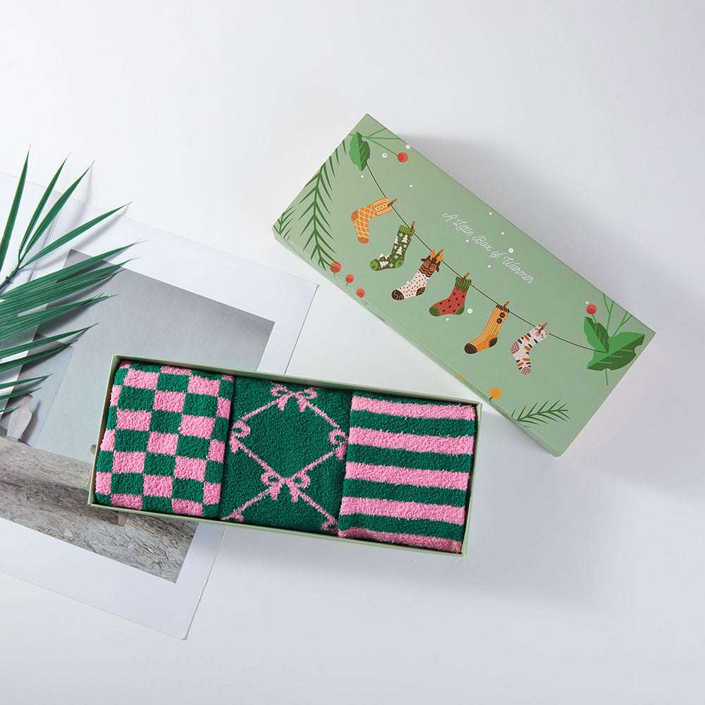 Pink & Green 3Pairs - Cozy Fuzzy Bow Checkered Stripe Pattern Printed Soft Socks Set M H W ACCESSORIES LLC Pink & Green 3Pairs - Cozy Fuzzy Bow Checkered Stripe Pattern Printed Soft Socks Set