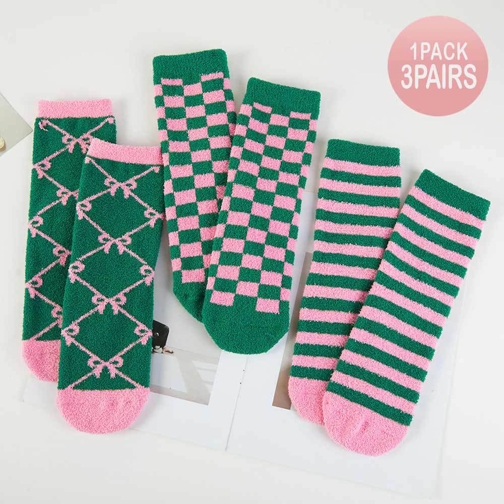 Pink & Green 3Pairs - Cozy Fuzzy Bow Checkered Stripe Pattern Printed Soft Socks Set M H W ACCESSORIES LLC Pink & Green 3Pairs - Cozy Fuzzy Bow Checkered Stripe Pattern Printed Soft Socks Set