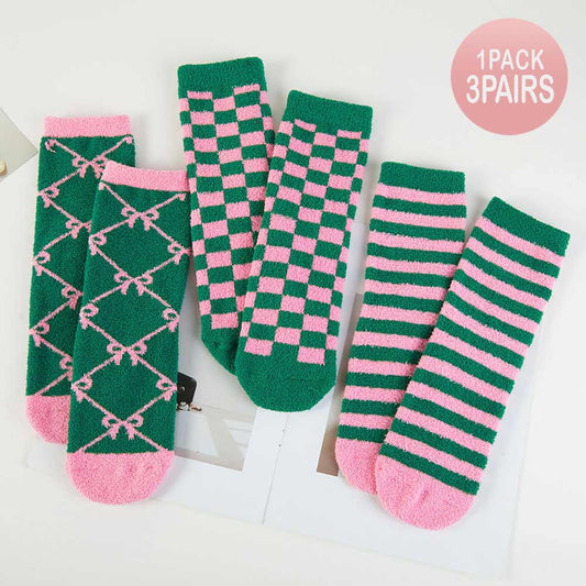 Pink & Green 3Pairs - Cozy Fuzzy Bow Checkered Stripe Pattern Printed Soft Socks Set M H W ACCESSORIES LLC Pink & Green 3Pairs - Cozy Fuzzy Bow Checkered Stripe Pattern Printed Soft Socks Set
