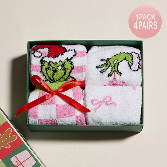 (Copy) 4Pairs - Grinch Checkered Bow Printed Christmas Bundle Gift Socks Set