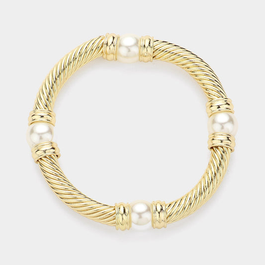 Gold Pearl Textured Metal Stretch Bracelet - M H W ACCESSORIES LLC