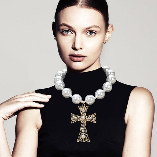 Bold Pearl Rhinestone Cross Pendant Chunky Pearl Beaded Statement Necklace