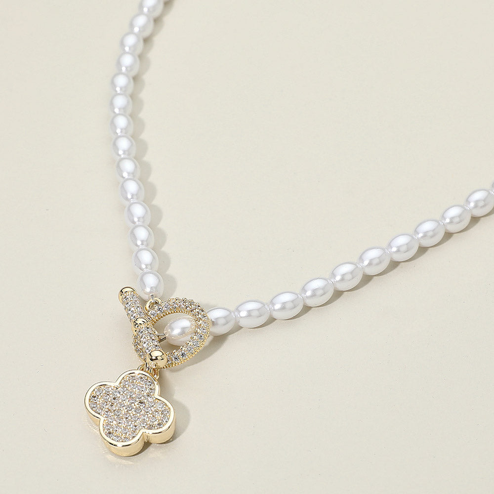 14K Gold Plated CZ Stone Paved Quatrefoil Pendant Toggle Pearl Necklace