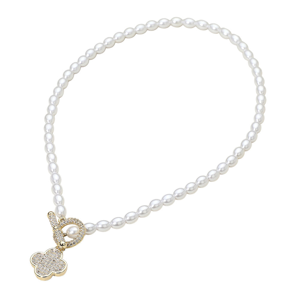 14K Gold Plated CZ Stone Paved Quatrefoil Pendant Toggle Pearl Necklace