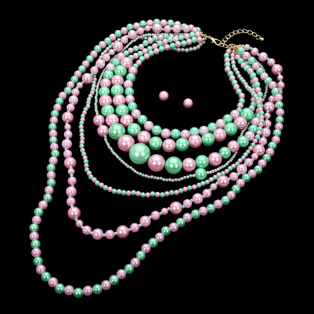 Pink & Green Pearl Beaded Multi Layered Statement Necklace