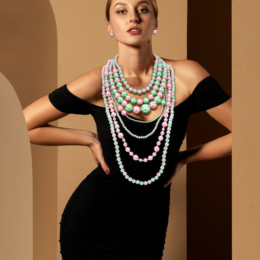Pink & Green Pearl Beaded Multi Layered Statement Necklace