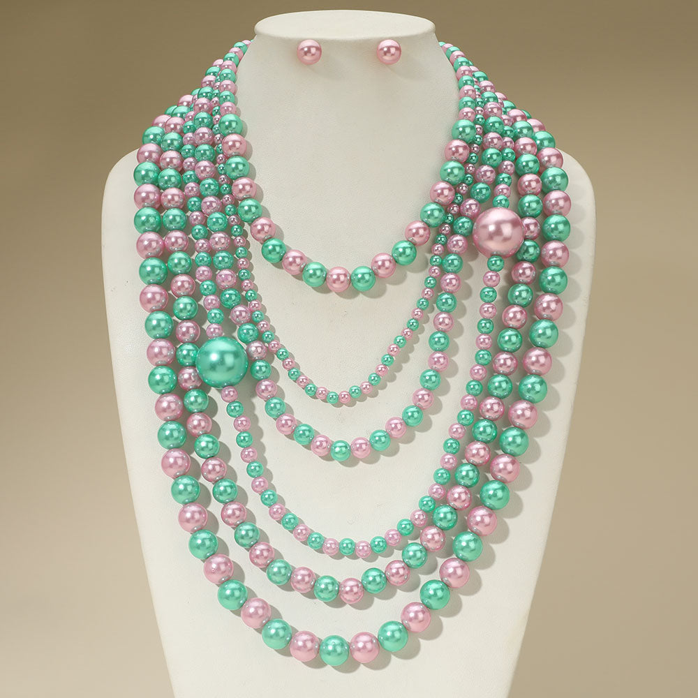 Bold Multi Layered Pearl Beaded Statement Necklace