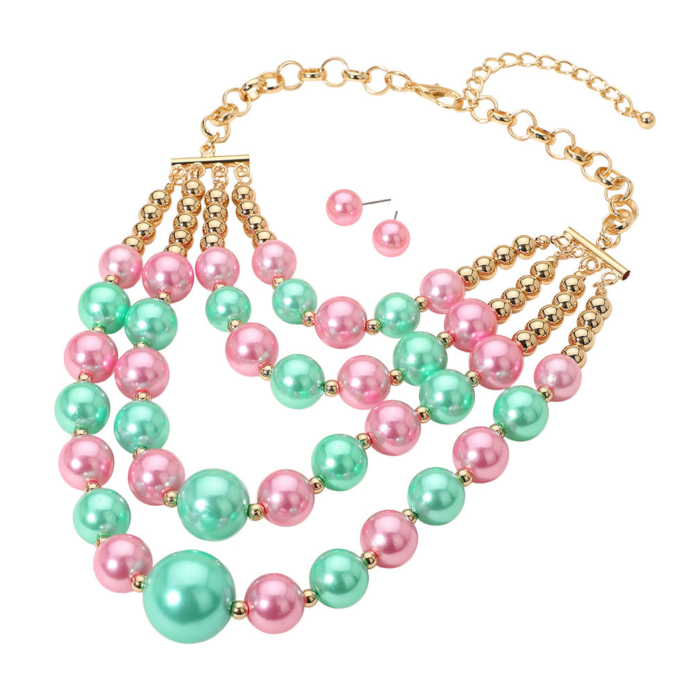 Pink & Green Multi-Layered Pearl Statement Necklace
