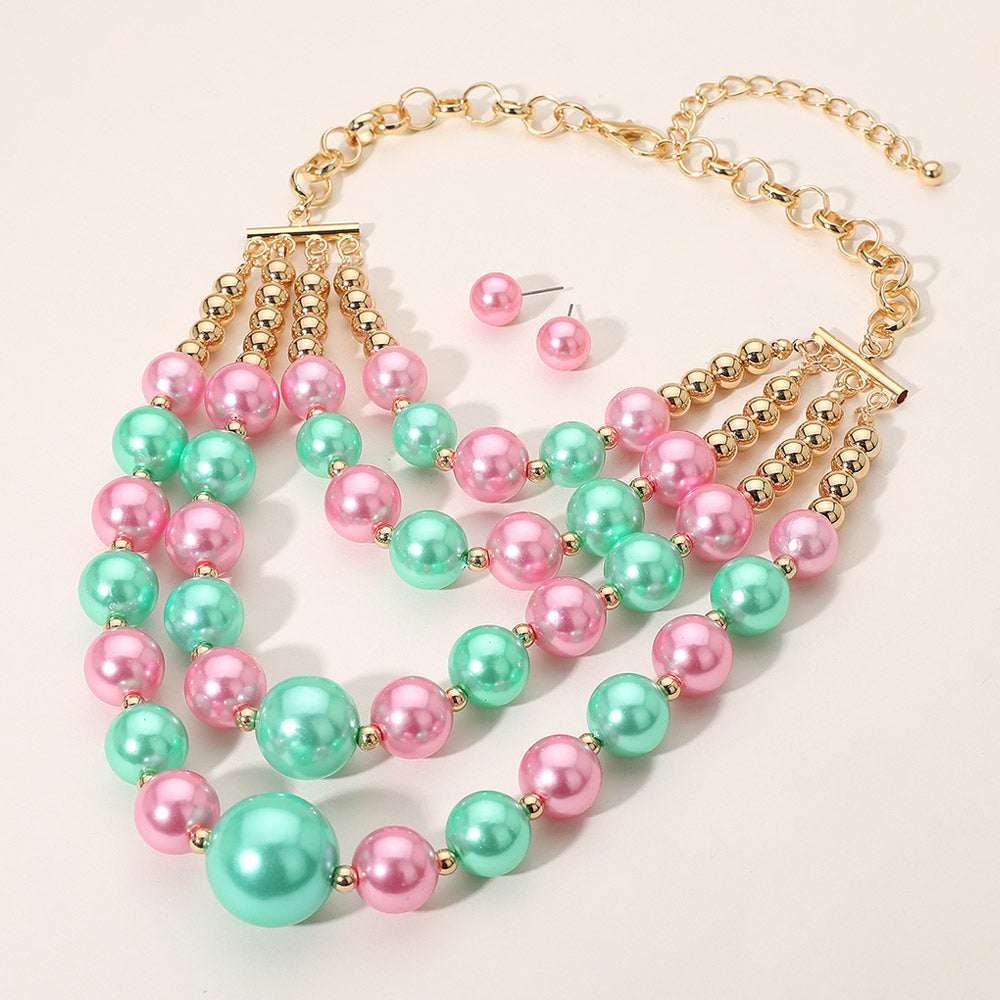 Pink & Green Multi-Layered Pearl Statement Necklace M H W ACCESSORIES LLC Pink & Green Multi-Layered Pearl Statement Necklace