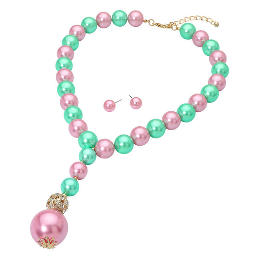 Pink & Green Bold Pearl Beaded y Shape Statement Necklace