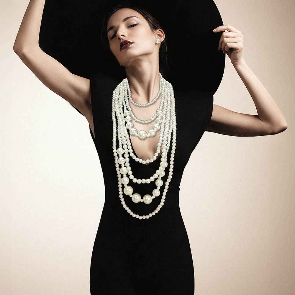 Graduated Cream Pearl Beaded Multi Layered Statement Necklace