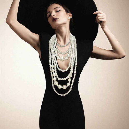 Graduated Cream Pearl Beaded Multi Layered Statement Necklace