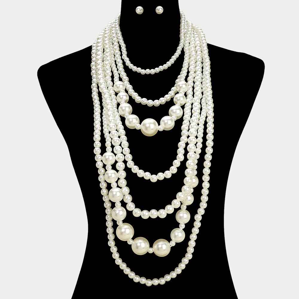 Graduated Cream Pearl Beaded Multi Layered Statement Necklace