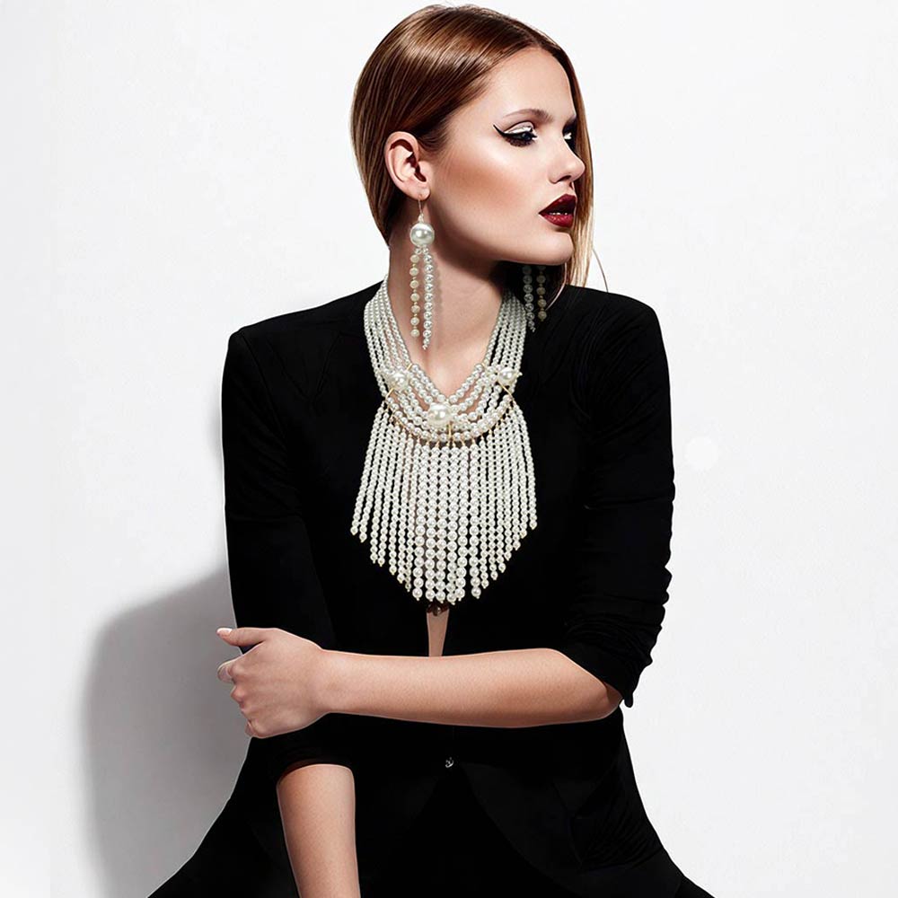Multi Layered Pearl Fringe Statement Necklace Set