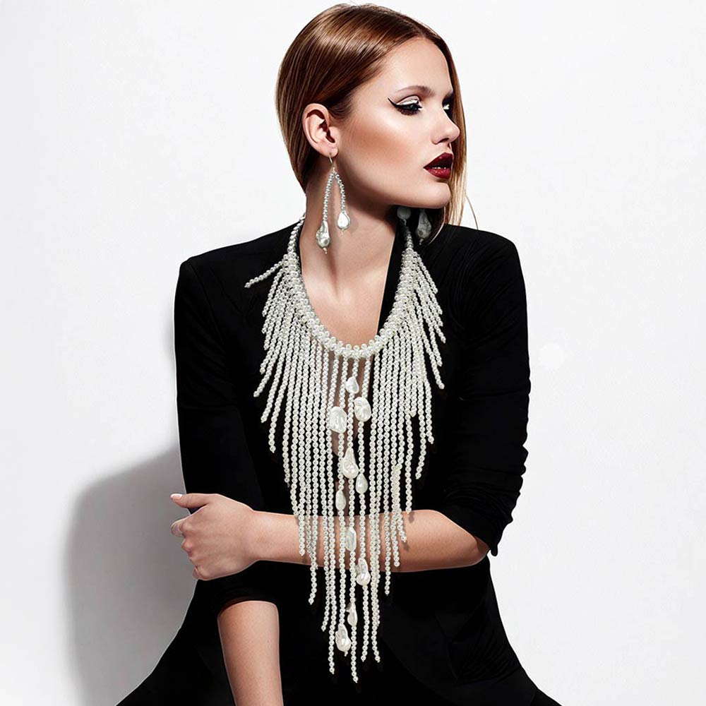 Pearl Bold Cascading Pearl Beaded Fringe Statement Necklace Set
